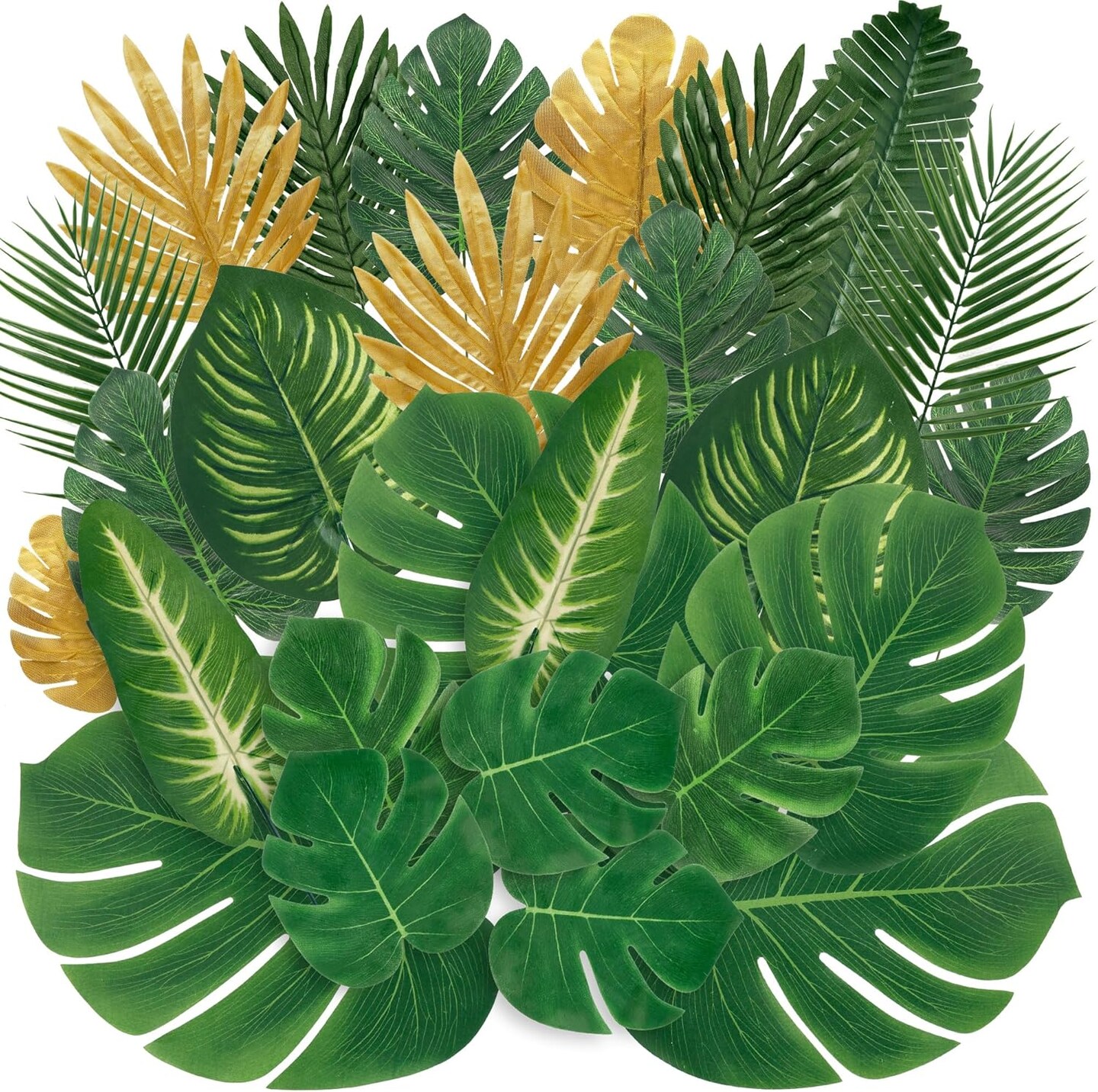110-Piece Artificial Tropical Palm Leaves – 11 Types of Monstera & Jungle Leaves with Stems for Hawaiian Luau, Safari, Wedding, Birthday, Shower, and Party Decorations