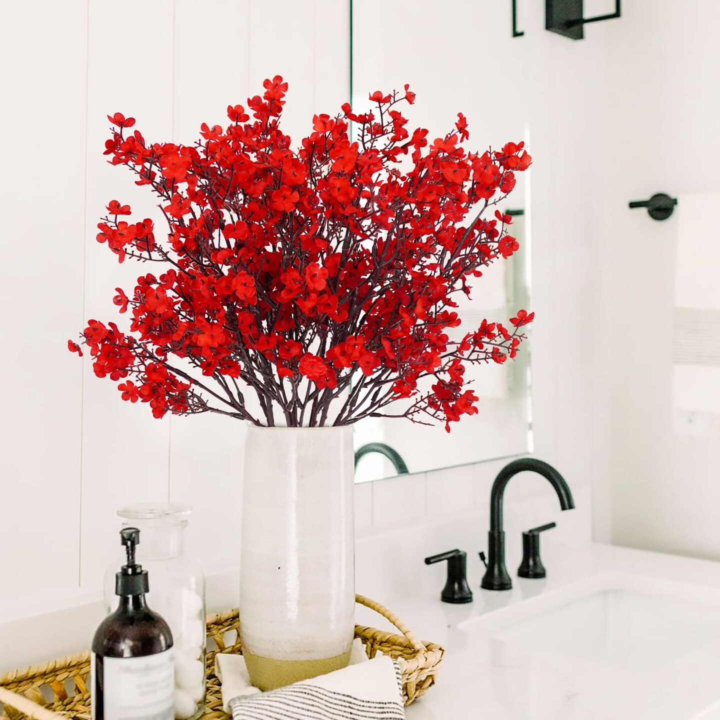 6 Pcs Babys Breath Artificial Flowers Bulk Silk Red Faux Flowers Real Touch Gypsophila Bouquet for Christmas Halloween Home Wedding Decoration