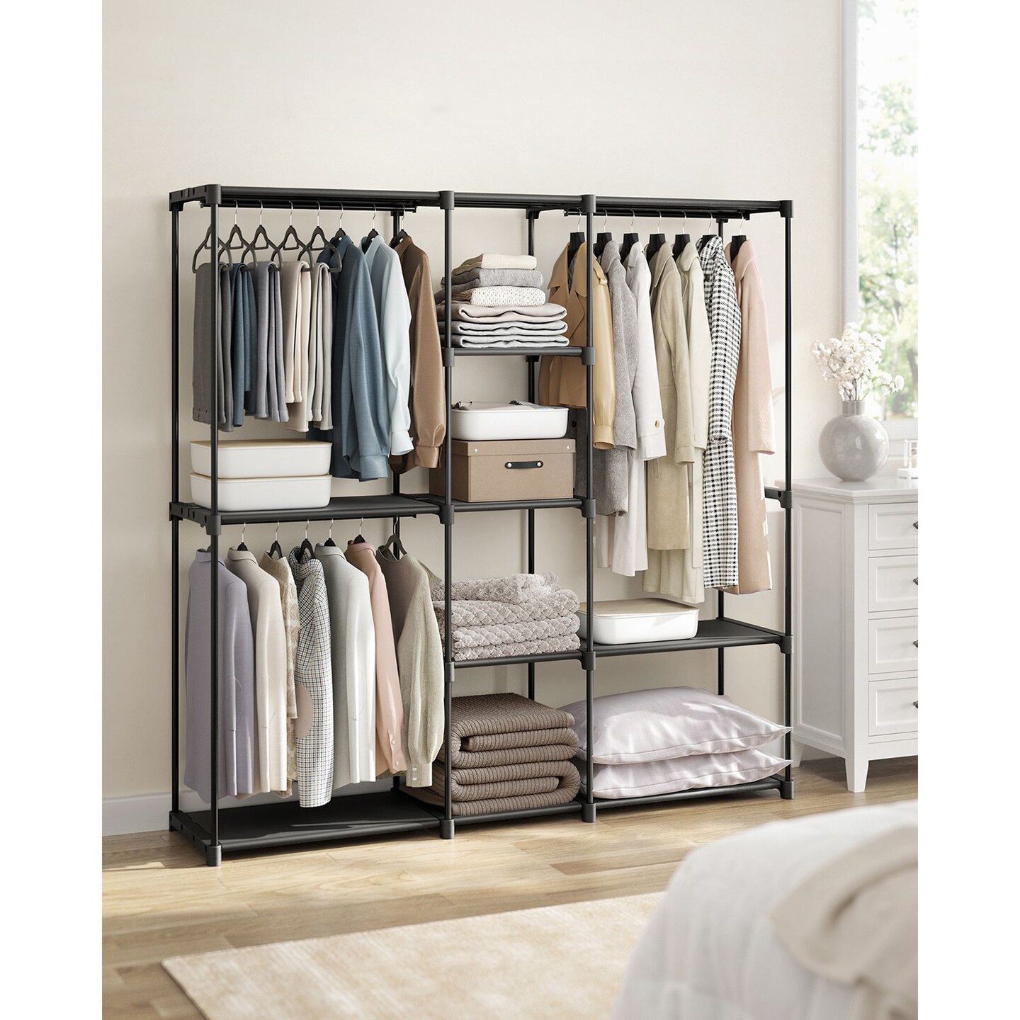 Black Metal Tubes & Plastic Connectors Fabric Shelves Portable Closet Wardrobe Rack, 3 Hanging Sections, Adjustable Shelving Design, Heavy-Duty Storage Organizer