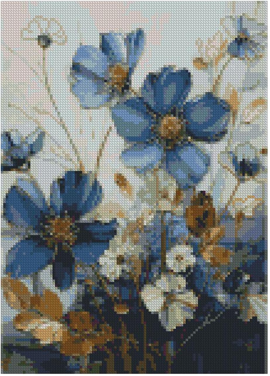 Floral Stamped Cross Stitch Kit – Blue Flowers DIY Embroidery for Adults, Beginners, 12×16 Inch Needlepoint Home Décor