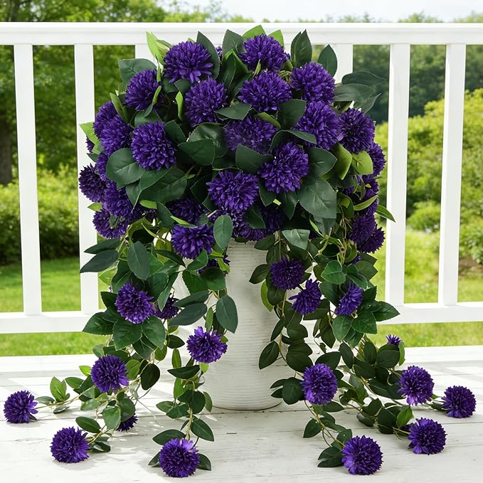 2 Pcs Artificial Flowers for Outdoors Faux Outdoor Flowers for Planters UV Resistant Purple Chrysanthemum Spring Summer Hanging Plants Outdoor for Porch Balcony Garden Yard Decorations