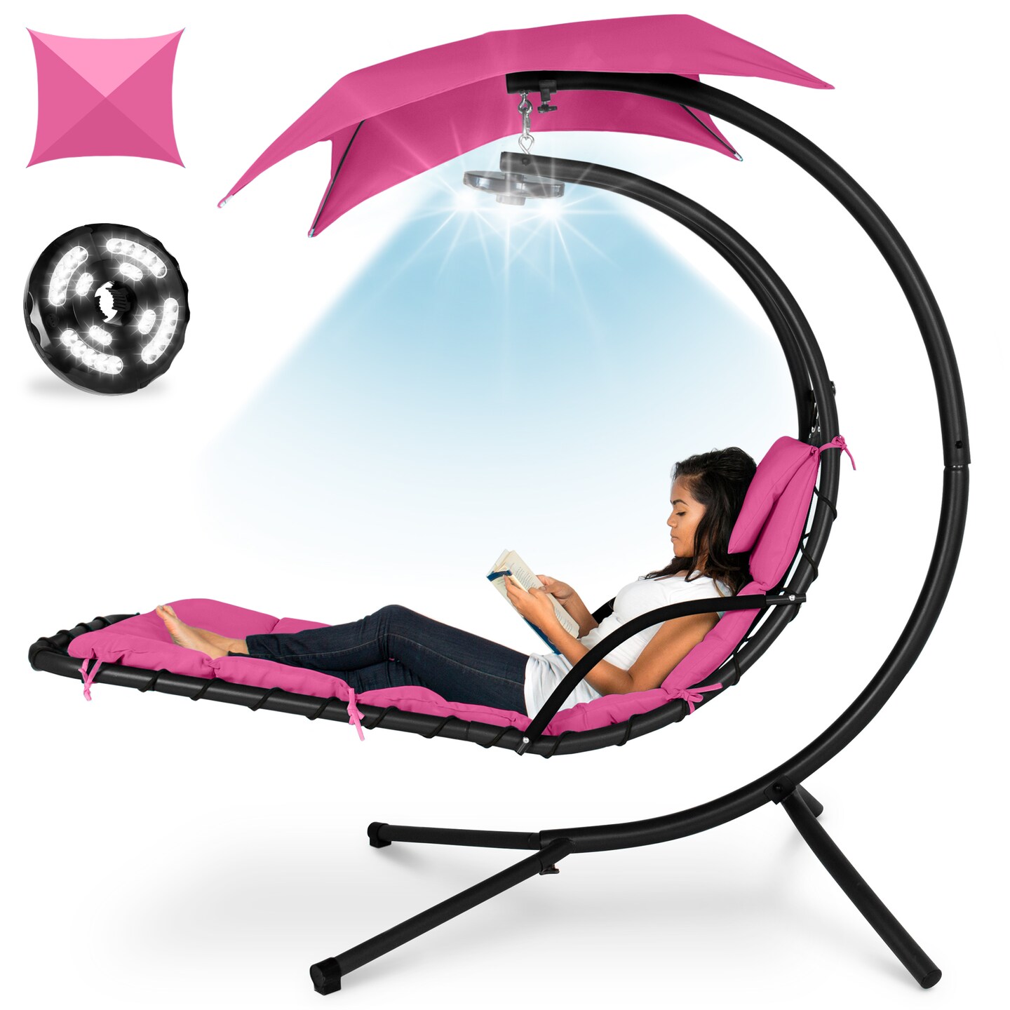 Best Choice Products Hanging LED-Lit Curved Chaise Lounge Chair for Backyard, Patio w/ Pillow, Canopy, Stand