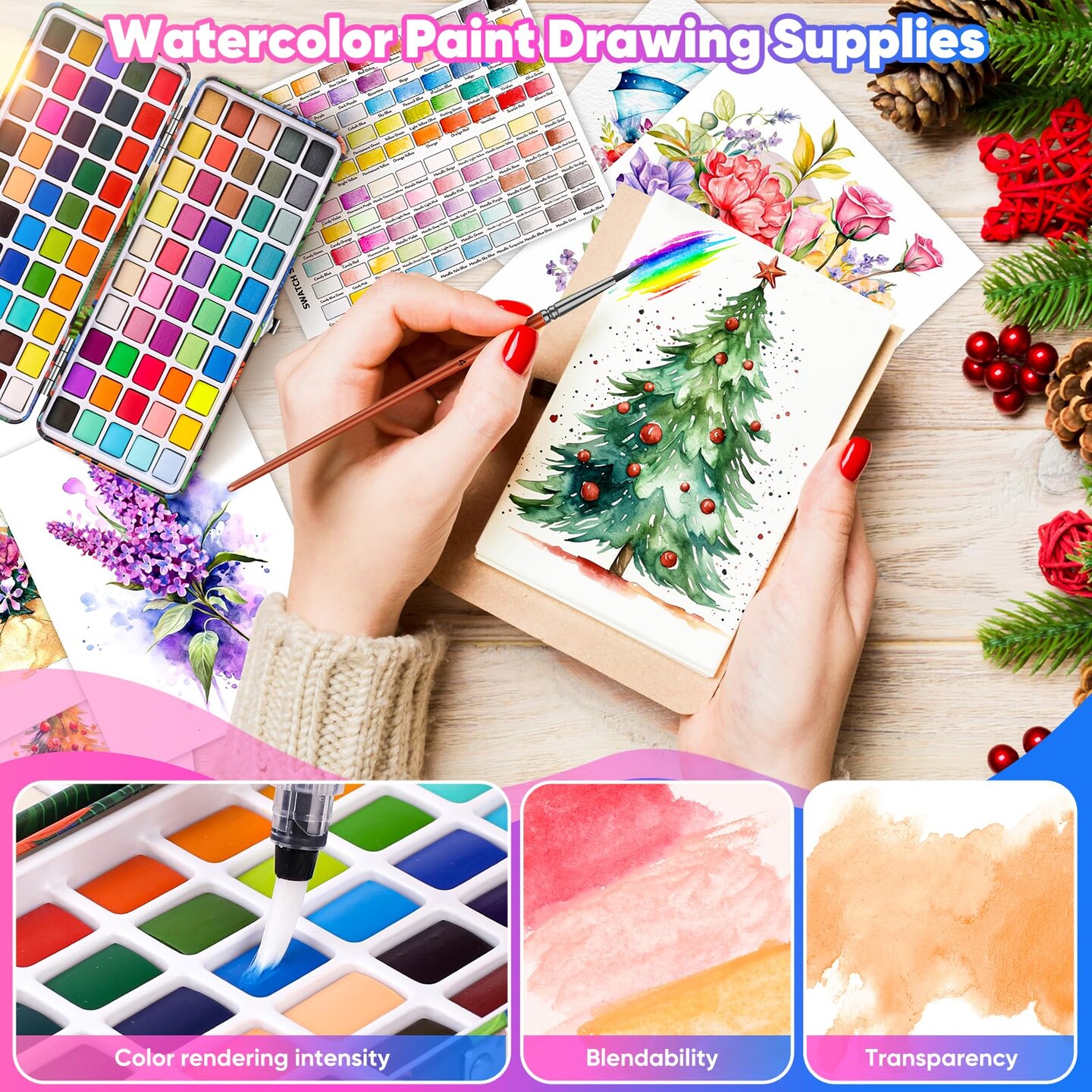 Watercolor Paint Set 100 Colors, Art Supplies Watercolors Kit Travel Water Colors with 3 Paints Brushes, Crafts Painting Supplies, Drawing for Adults Artist Drawing, Painting
