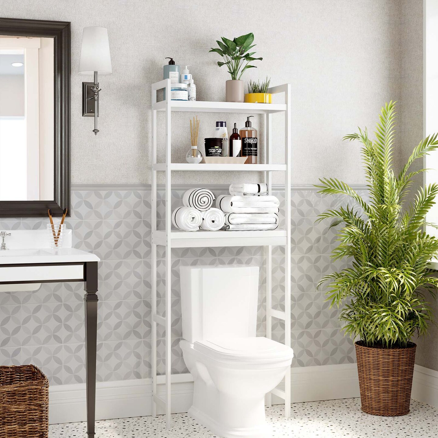 Bathroom Over Toilet Storage Rack 3 Tier Bamboo Organizer with Adjustable Shelf, Hooks and Tissue Holder for Efficient Bathroom Storage