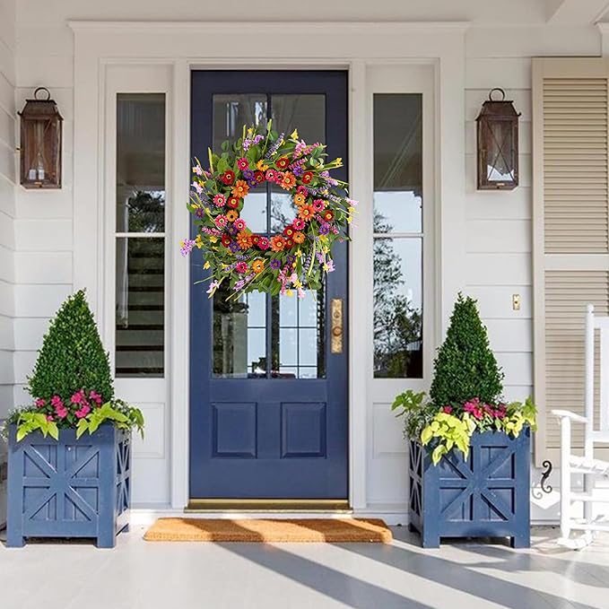Artificial Spring Wreath 22 Inch Summer Wreaths for Front Door with Green Eucalyptus Leaves Pink Daisy Lavender Spring Door Wreath for Farmhouse Wall Wedding Home Porch Easter