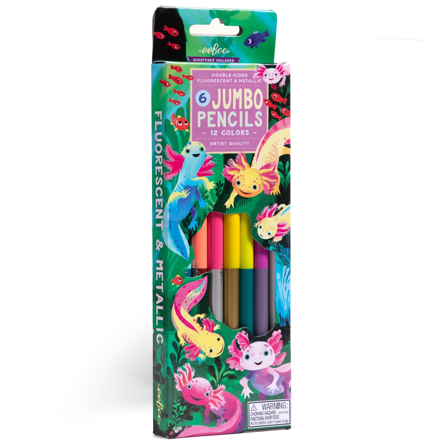 eeBoo: 6 Jumbo Colored Pencils - Axolotl - Double-Sided ,12 Colors, Metallic &Fluorescent, Great For Coloring, Art Supplies, Kids Ages 3+