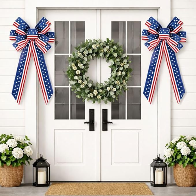 4th of July Patriotic Wreath Bow, Large Red White Blue Stars & Stripes Ribbon for Front Door, Memorial Day, Veterans Day & 250th Anniversary Outdoor Decorations