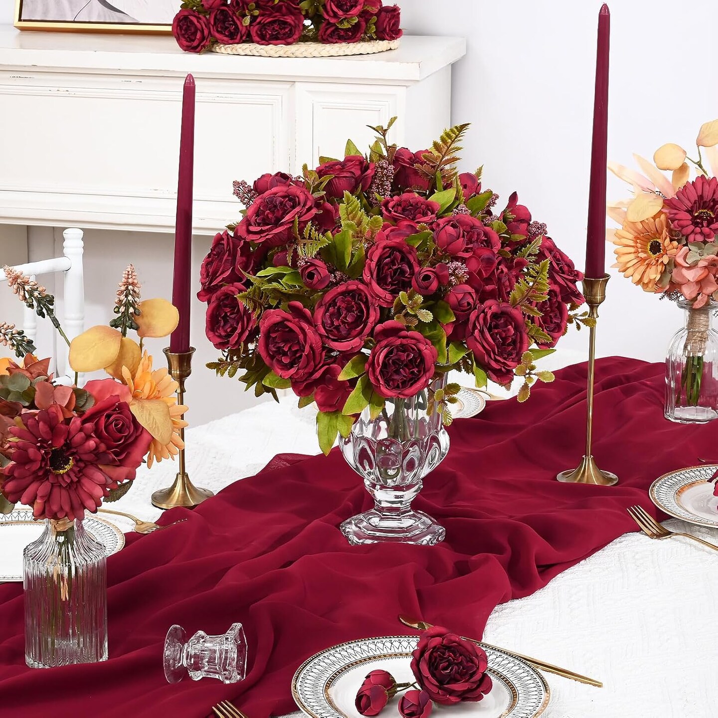 4-Pack Burgundy Artificial Peonies – Silk Fake Peony Flowers for Wedding Bouquets, Halloween Centerpieces, Table & Home Decor