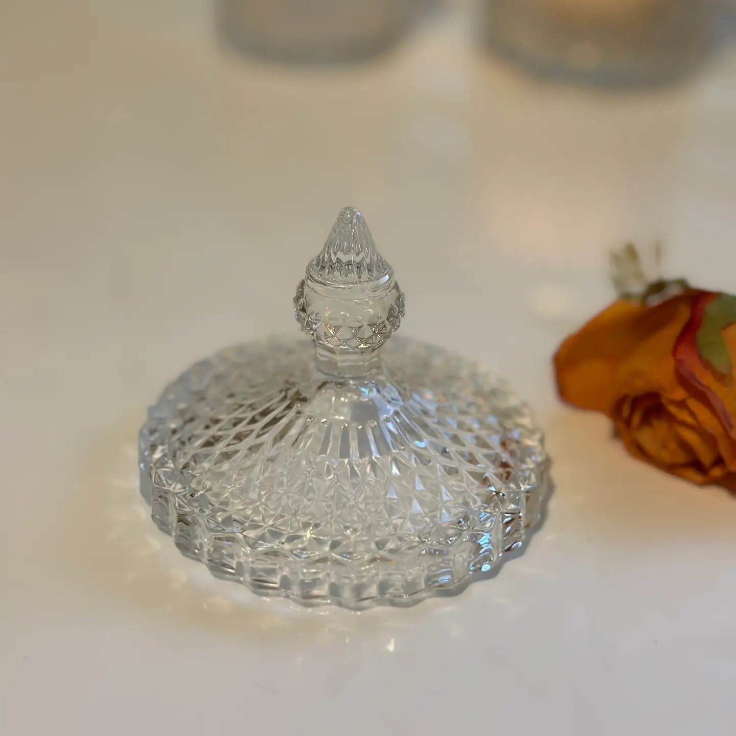 Diamond Cut Glass Storage Jar with Lid Clear Candy Jewelry Organizer Decor