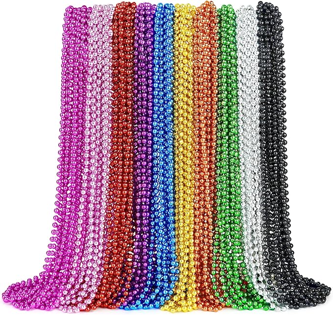 100 Pcs Mardi Gras Beads Necklaces Bulk, 33" 7mm Colorful Metallic Beaded Necklaces, Party Favors Parade Throws Bulk Women Men Party Costume Accessories for Pirate Carnival (10 Colors)