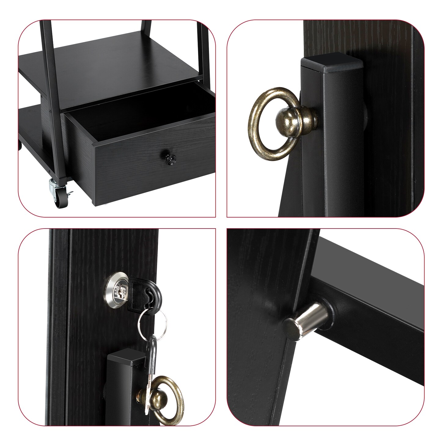 Dark Black Freestanding Lockable Jewelry Mirror Cabinet, Rolling Full Body Vanity Mirror Makeup Organizer Armoire