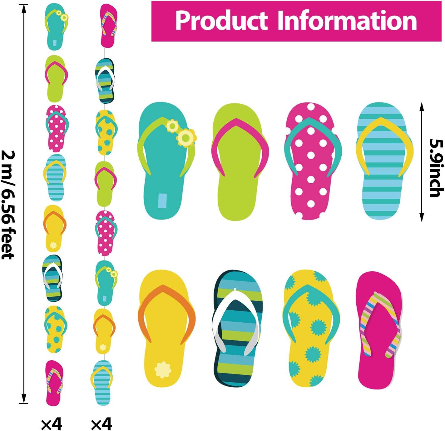 8-Piece Flip Flop Hanging Banner (52 Feet) | Summer Beach Slipper Garland for Hawaiian Luau, Pool Party, Birthday & Baby Shower Decorations