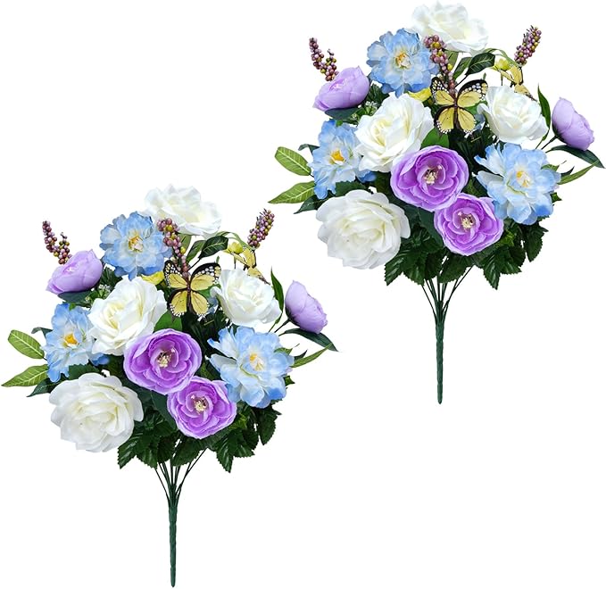 14 Stems Artificial Rose Flowers Spring Cemetery Flowers for Grave Silk Rose with Butterfly Penoy Bouquet Purple White Fake Floral Arrangement Memorial Flowers for Grave Vase Outdoor Table Decor 2Pcs
