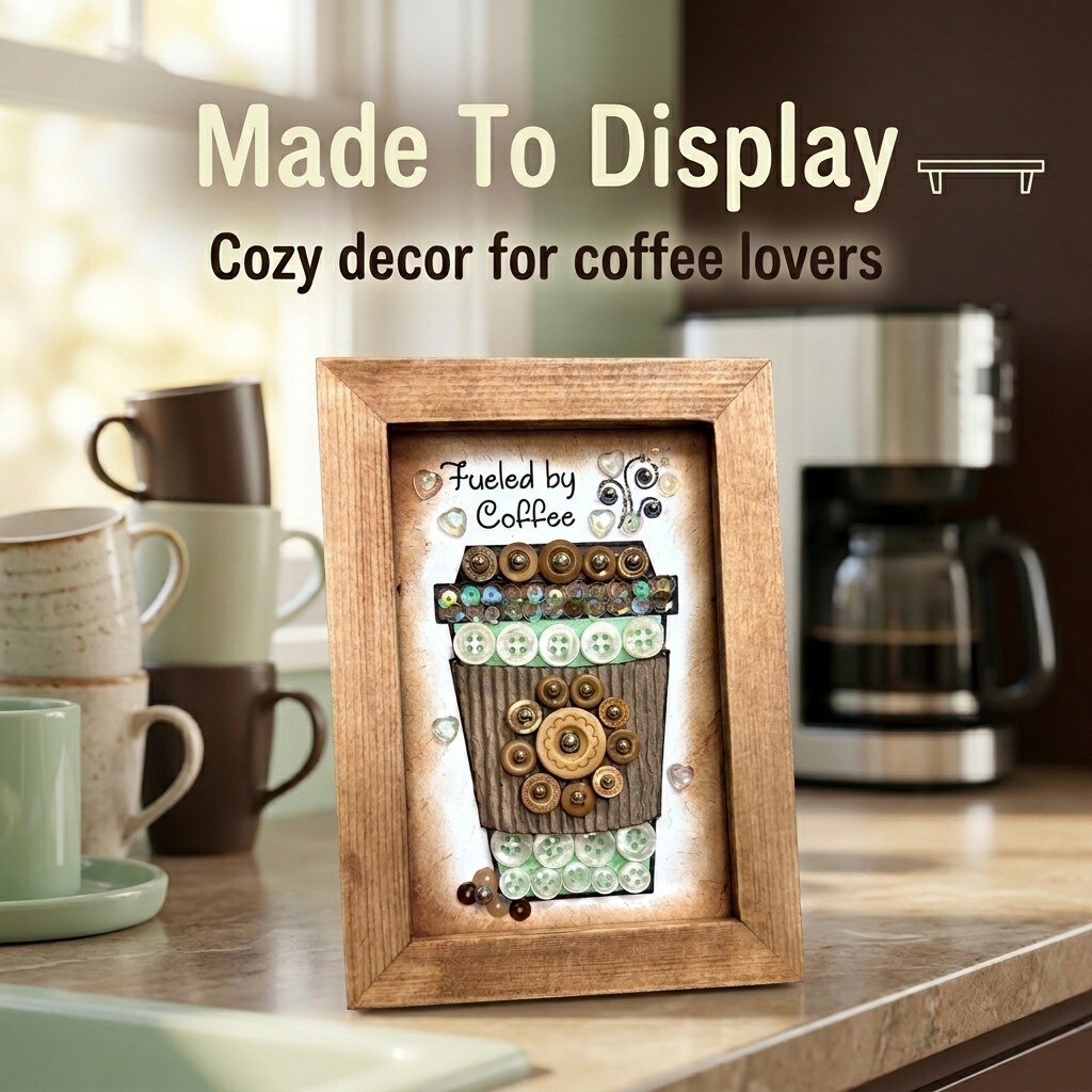 DIY Button Art Kit – “Fueled by Coffee” Framed Craft – Easy Craft for Adults & Kids