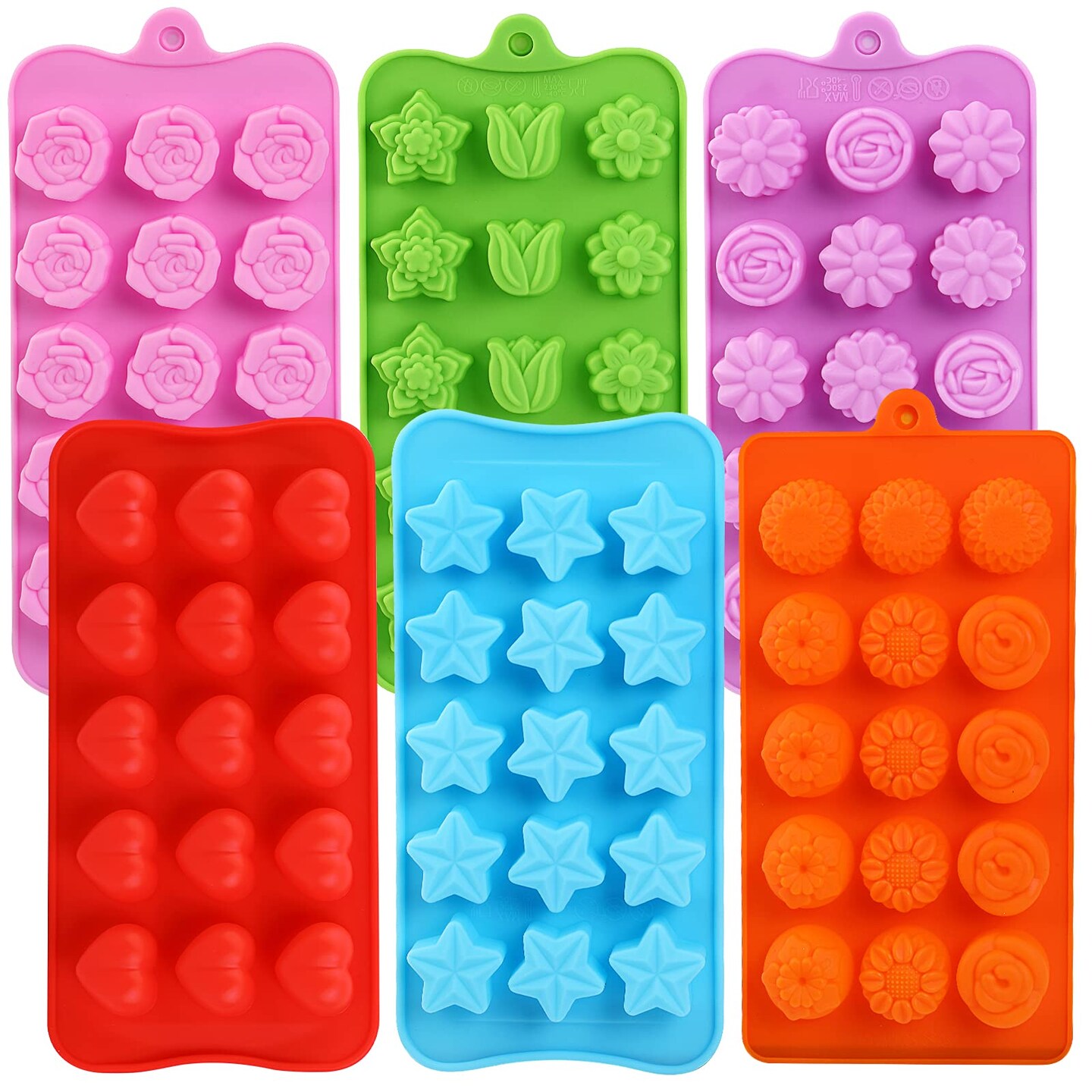 Flower Shape Chocolate Candy Molds Set,Heart,The stars,The rose,Flowers in Combination,15 Cavity Silicone Baking Mold Ice Cube Tray-Wedding,Festival,Parties and DIY Crafts-(6Pcs)