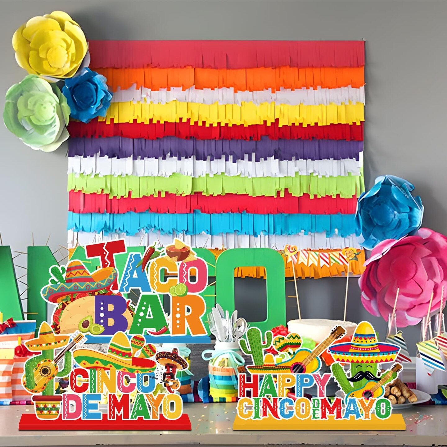4 Pcs Cinco de Mayo Wooden Table Centerpieces – Happy Fiesta Taco Bar Party Signs – Mexican Fiesta Table Decor for Party, Kitchen, Mantel & Shelf Decoration – Perfect for Mother's Day Card Making Displays