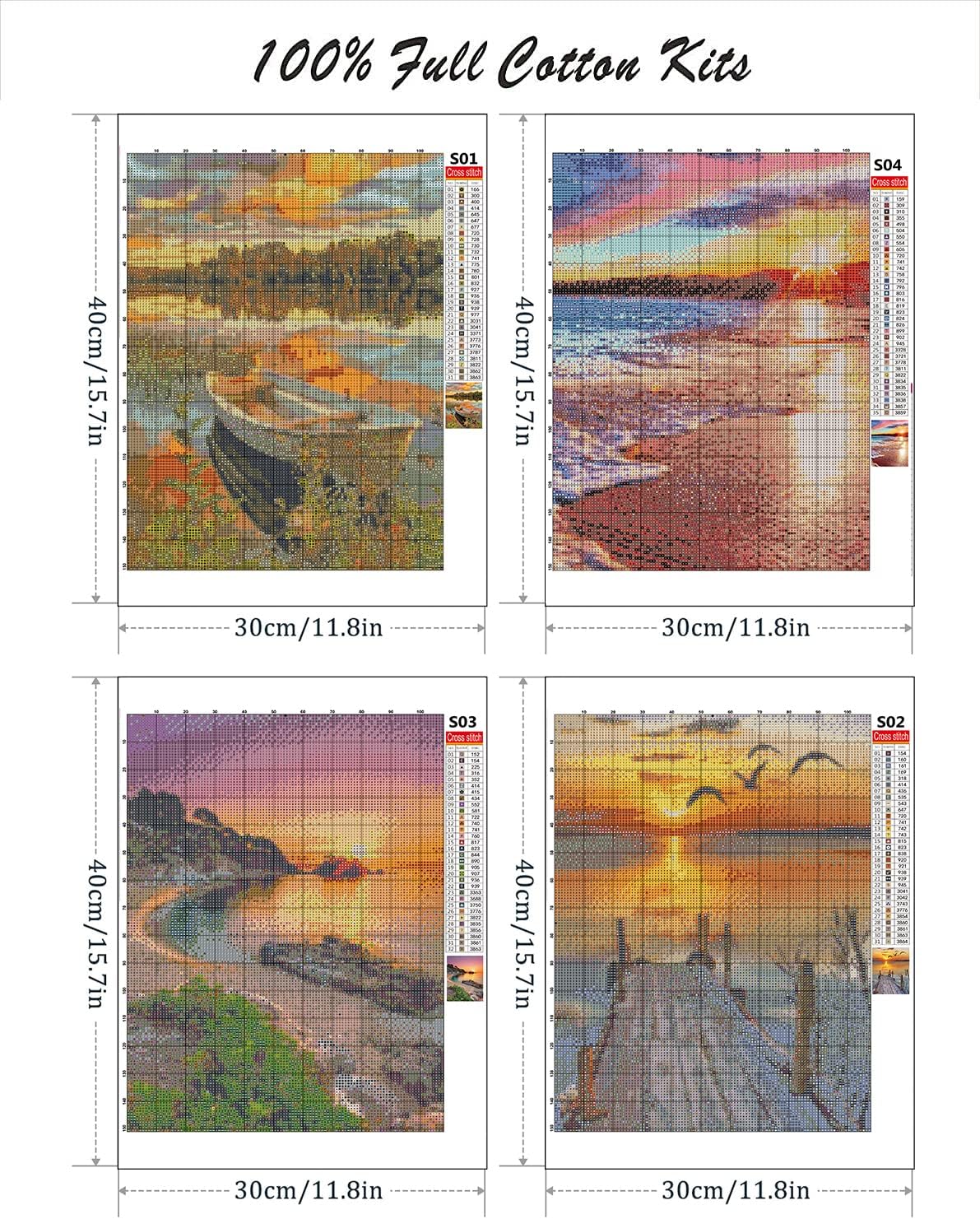 4-Pack Landscape Stamped Cross Stitch Kits for Adults – 11CT Counted DIY Embroidery Needlepoint, 12×16 Inch Home Decor Set with Threads, Needles & Instructions