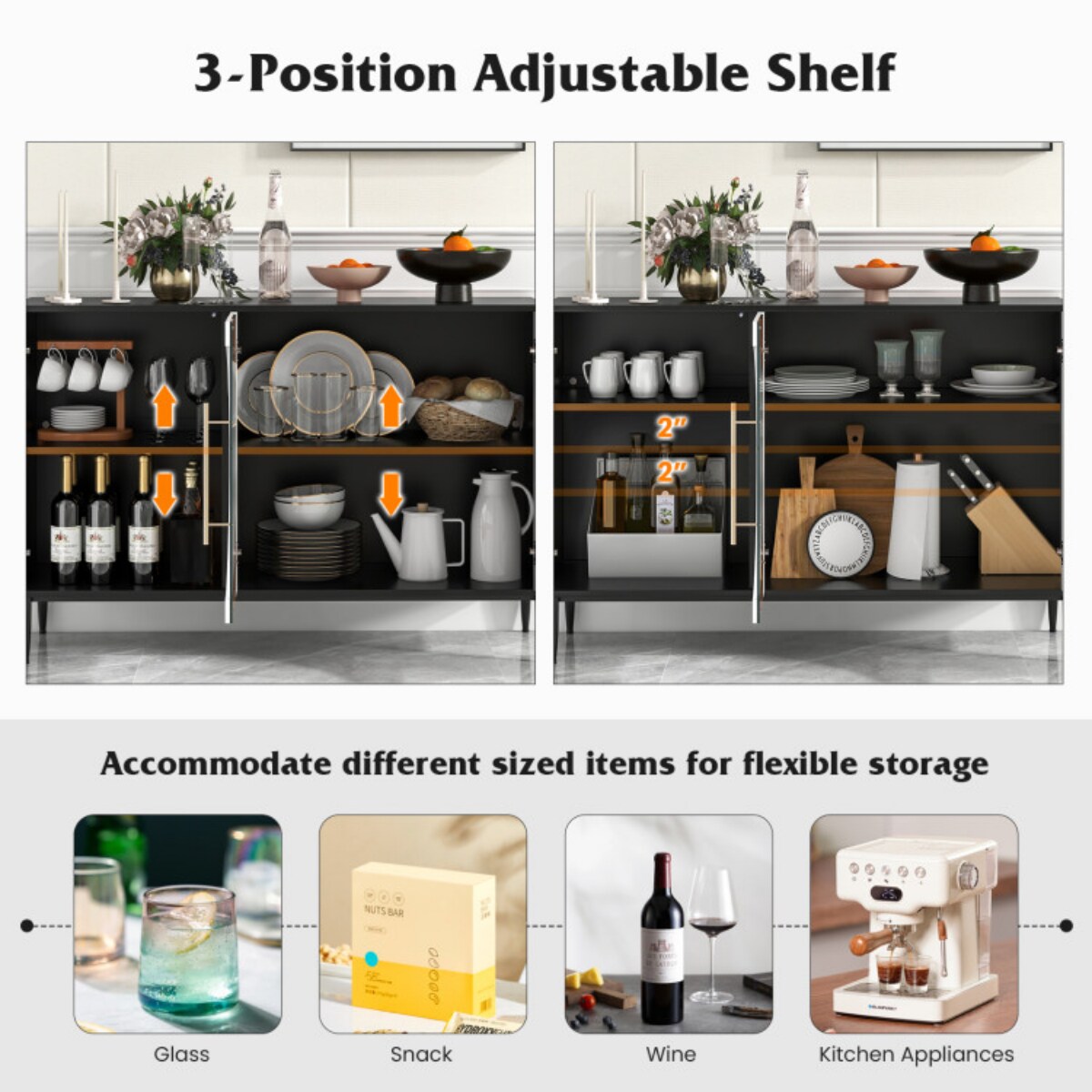 White Black Storage Sideboard Cabinet with Glass Doors Large Capacity Console Table