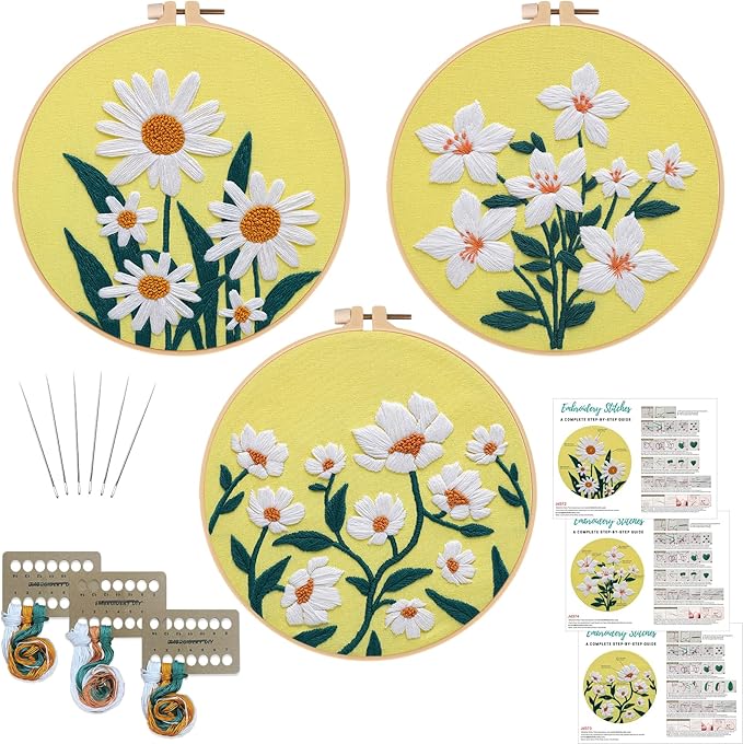 3 Sets Floral Embroidery Kits for Beginners – Cross Stitch & Needlepoint DIY Starter Kit for Adults – Includes Hoops, Threads & Step-by-Step Instructions