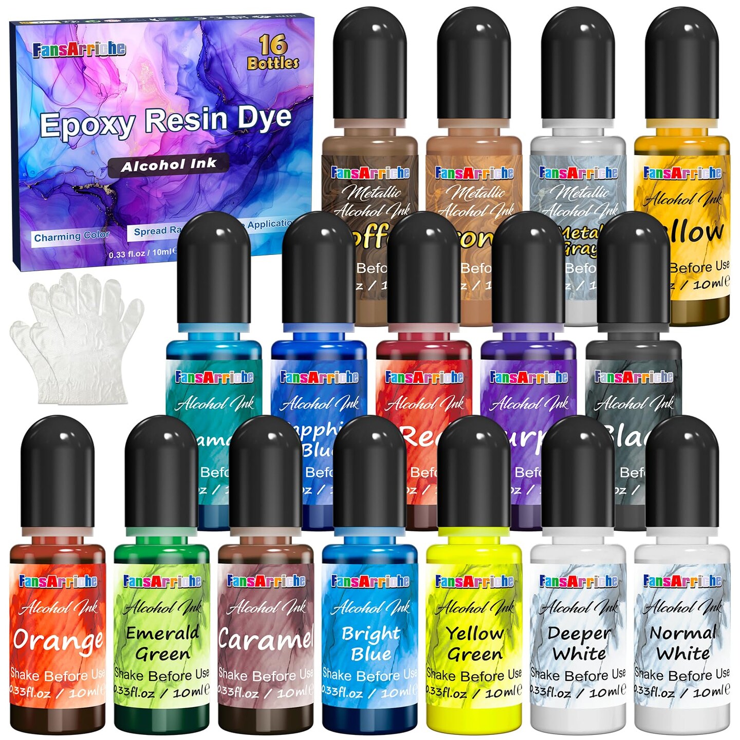 Alcohol Inks for Resin, 16 Colors High Concentrated Alcohol Ink Set for Epoxy Resin, Alcohol-Based Resin Ink for Coasters, Fluid Painting Crafts, Tumbler Making, 10 ml Each