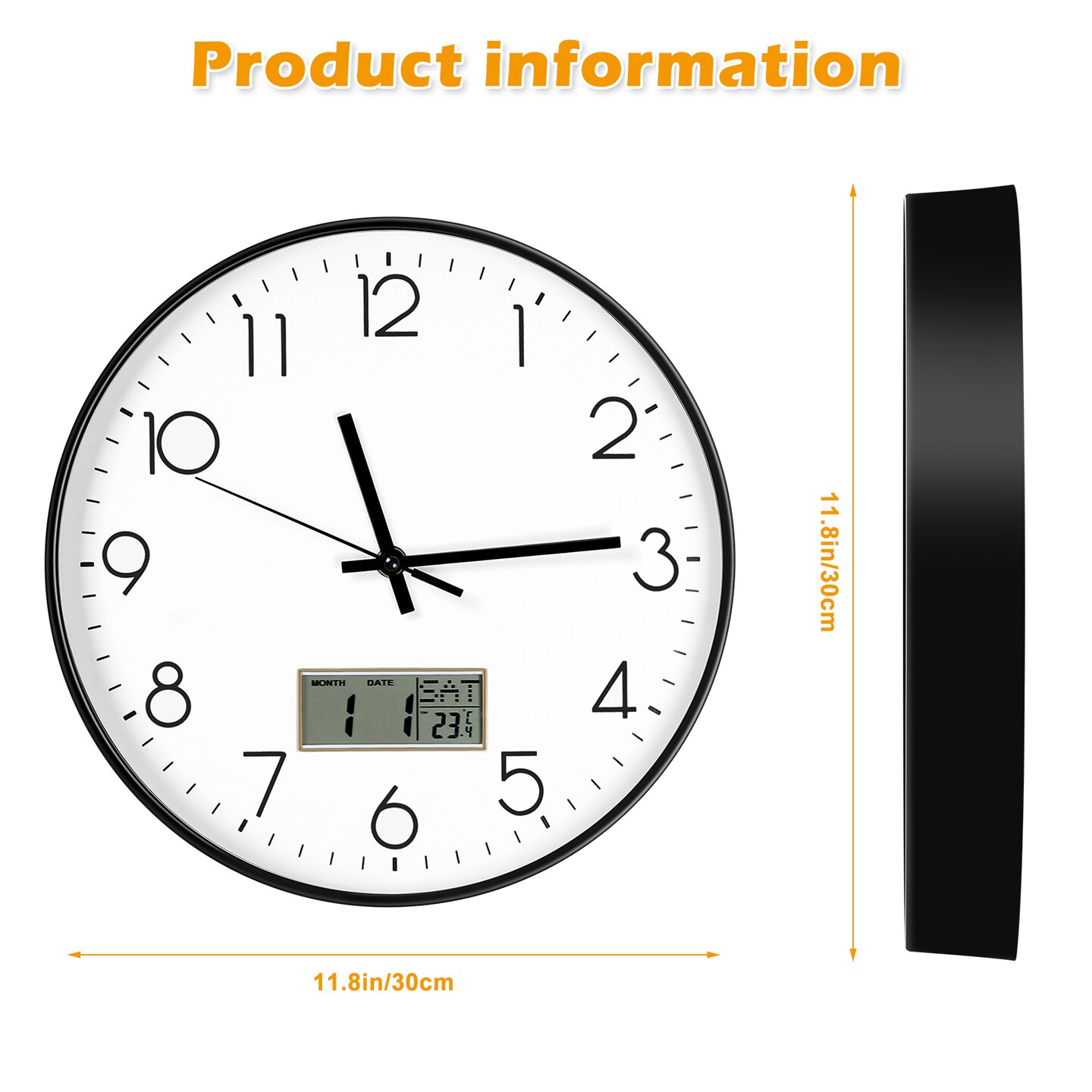 11.8 Inch Wall Clock with Digital Date Temperature Display, Non-Ticking Silent Quartz Clock for Home