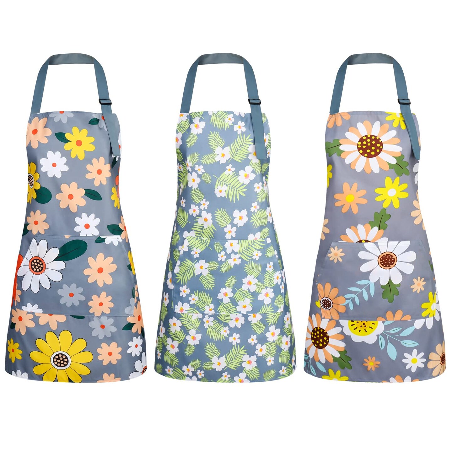 3 Pack Floral Aprons with Pocket, Blooming Womens Aprons Waterproof Adjustable Cooking Aprons for Kitchen Gardening and Salon