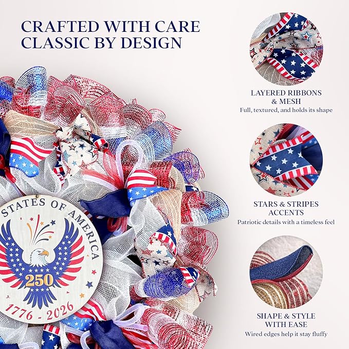 24" Patriotic 250th Anniversary Wreath with Removable 1776-2026 Sign - Large Handcrafted 4th of July Wreath with LED Lights and Storage Bag - Premium Americana Front Door Decor