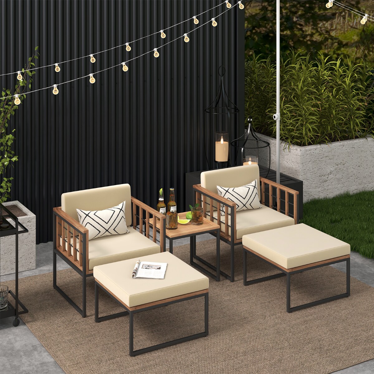 Wood and Metal Patio Seating Set with Multi functional Ottomans outdoor