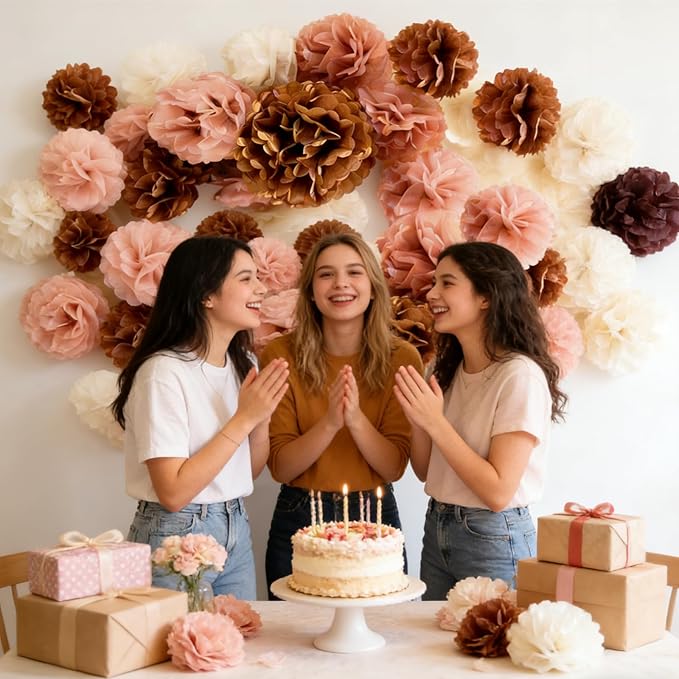 18 Packs Birthday Party Decorations Set- Blush Pink Tissue Paper Pom Poms Flower Wall Decorations for Women Girls Happy Birthday , Baby Shower, Bridal Shower, Wedding , Party Decoration (Blush Pink)