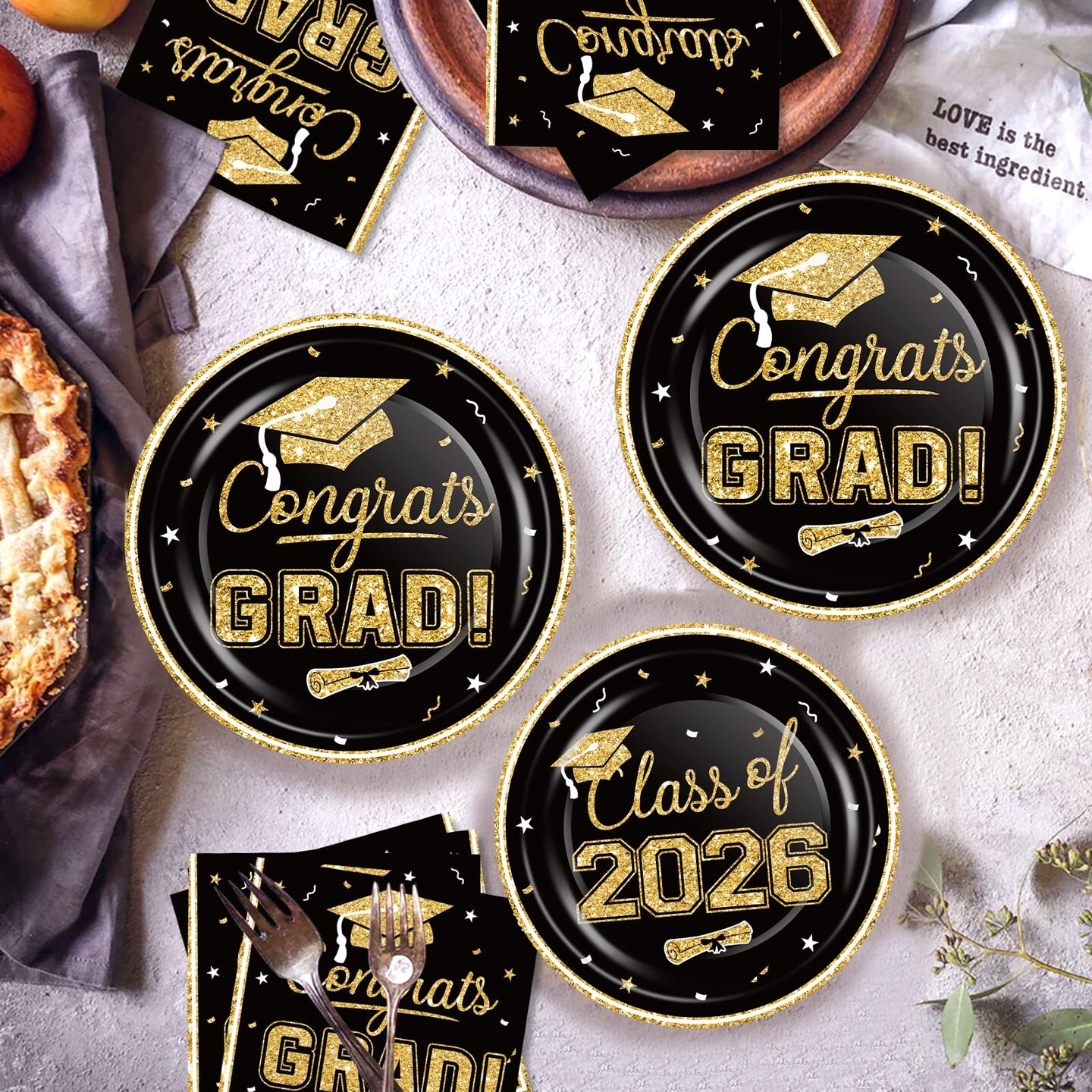 2026 Graduation Party Supplies Tableware Set - 200 Pcs Black Gold Graduation Plates and Napkins Class of 2026 Disposable Dinnerware for College High School Congrats Graduation Party favors, Serve 50