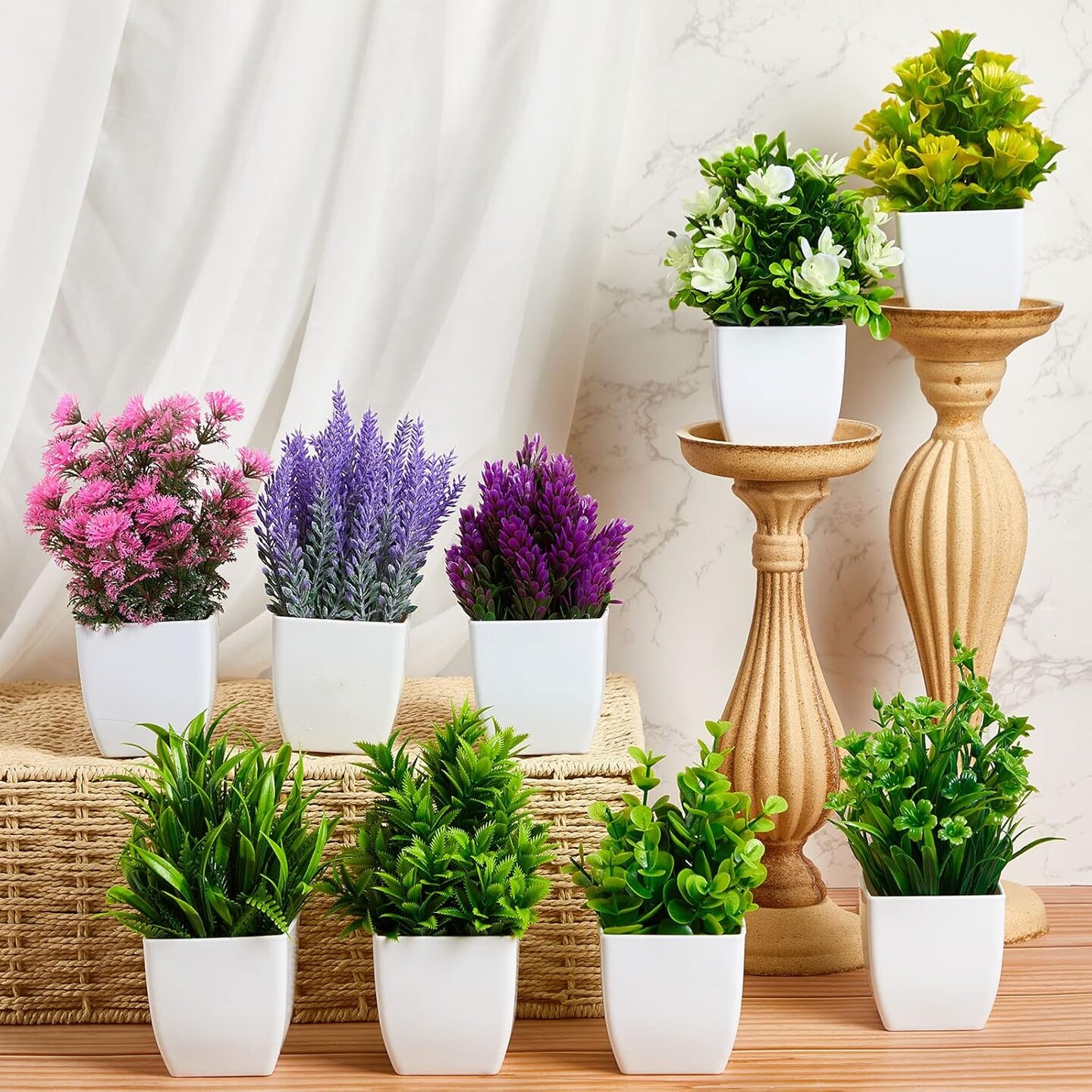 16PCS Mini Artificial Potted Plants – Faux Eucalyptus, Lavender & Wheat Grass in White Pots for Mother’s Day Card Making, Home Office, Bathroom & Living Room Decor