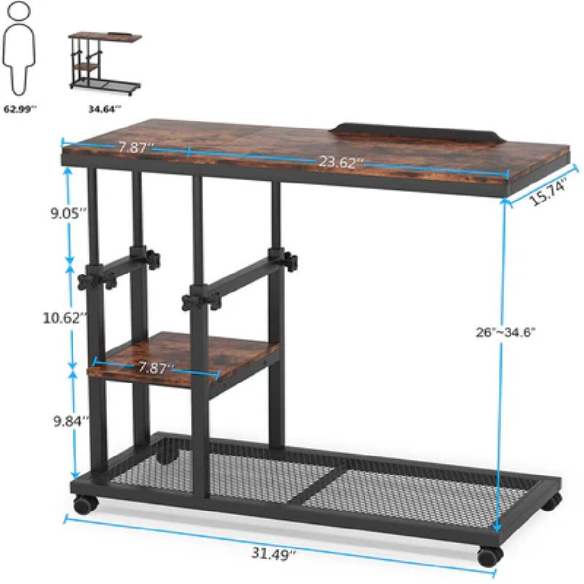 Adjustable Height C Shaped Rolling Table Tilting Top Laptop Snack Side Table with Wheels