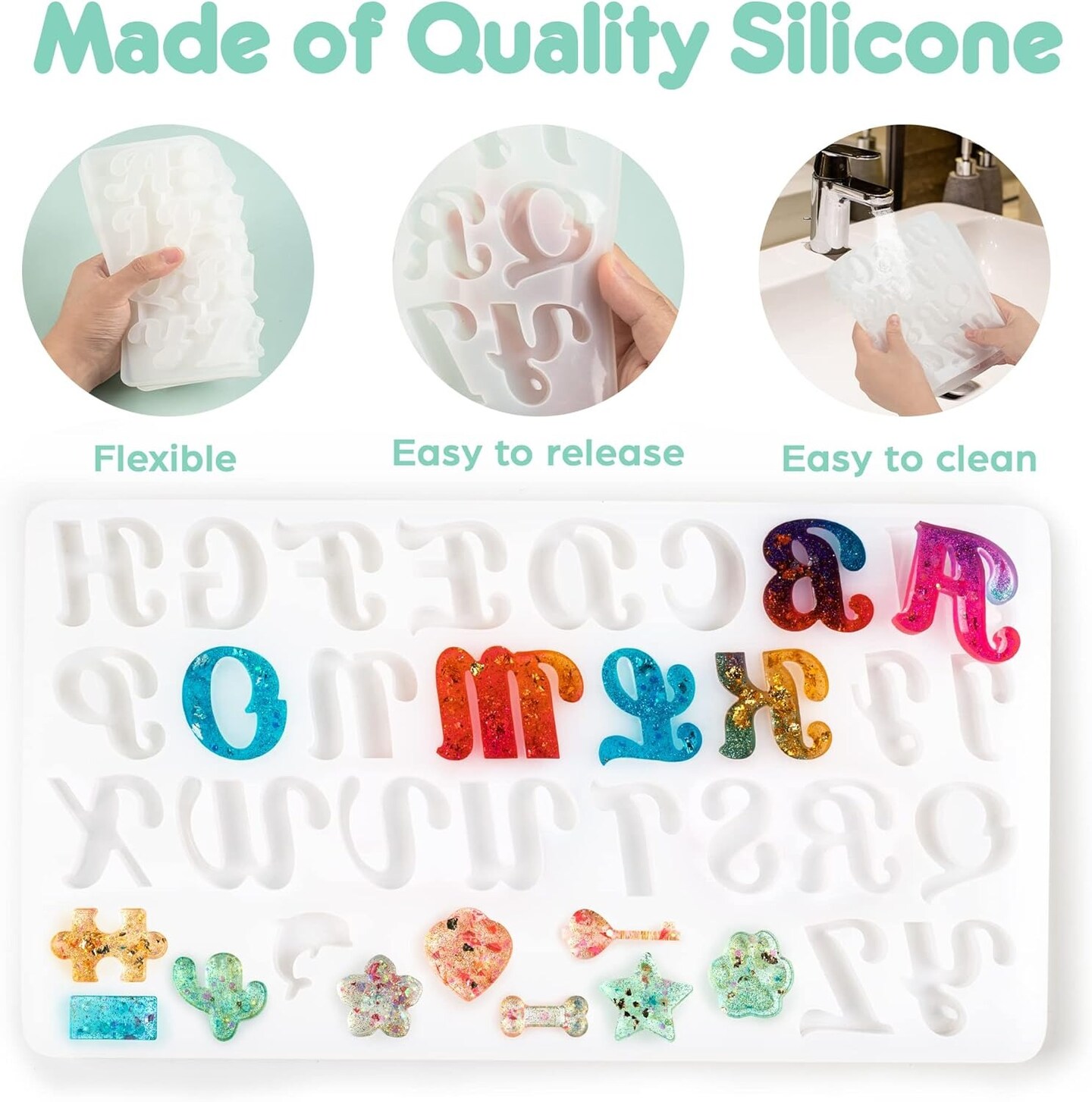 182 Pcs Fancy Alphabet Resin Mold Kit Silicone Letter Keychain Molds with Drill Key Rings and Screw Pins