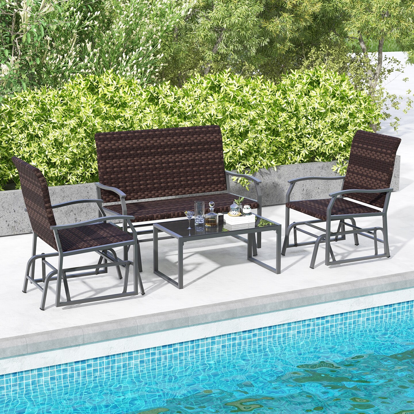 Outdoor Gliding Patio Furniture Set 4 Piece Wicker Sofa Set with Glass Top Coffee Table