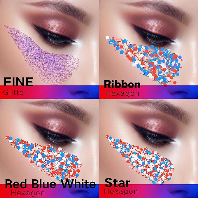 4 Jars Red Blue White Hair Glitter,4th of July Body Face Glitter,USA 250th Star Patriotic Sparkle Makeup for Football Games,Fourth of July Outfits for Women,Independence Day Accessories,40g/1.41 oz