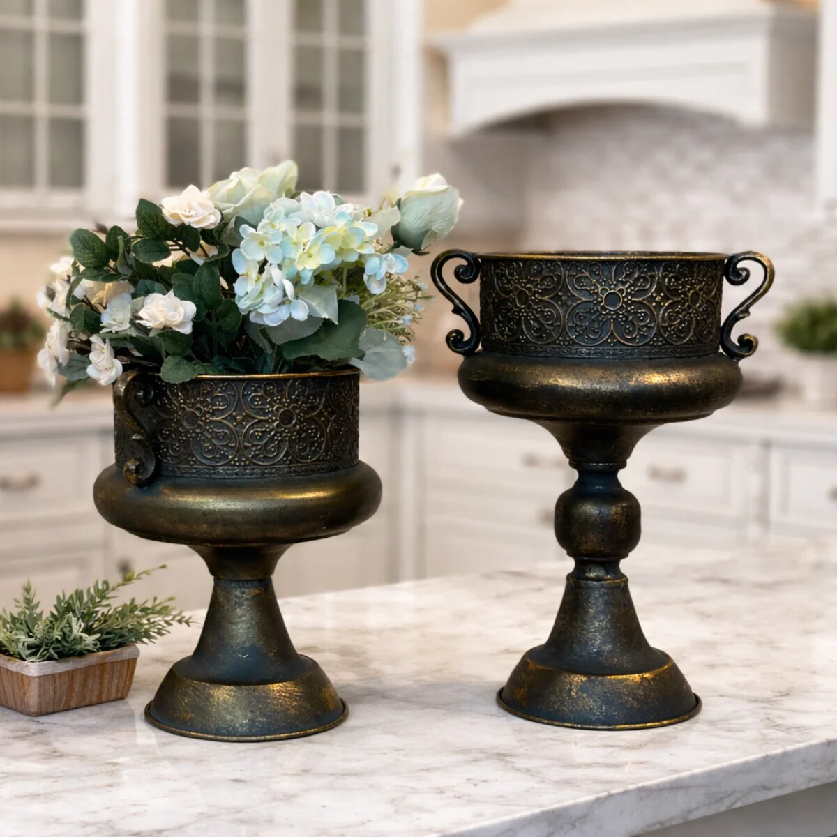 Vintage Ornate Metal Urn Vase Bronze Finish Pedestal Centerpiece