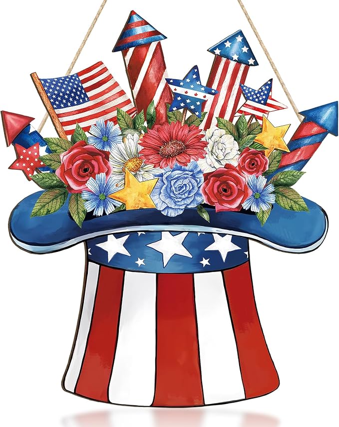 Wooden 4th of July Door Wreath, Patriotic Star Welcome Sign for Front Door, Independence Day & Memorial Day Hanging Decoration for Home Indoor Outdoor Wall Decor