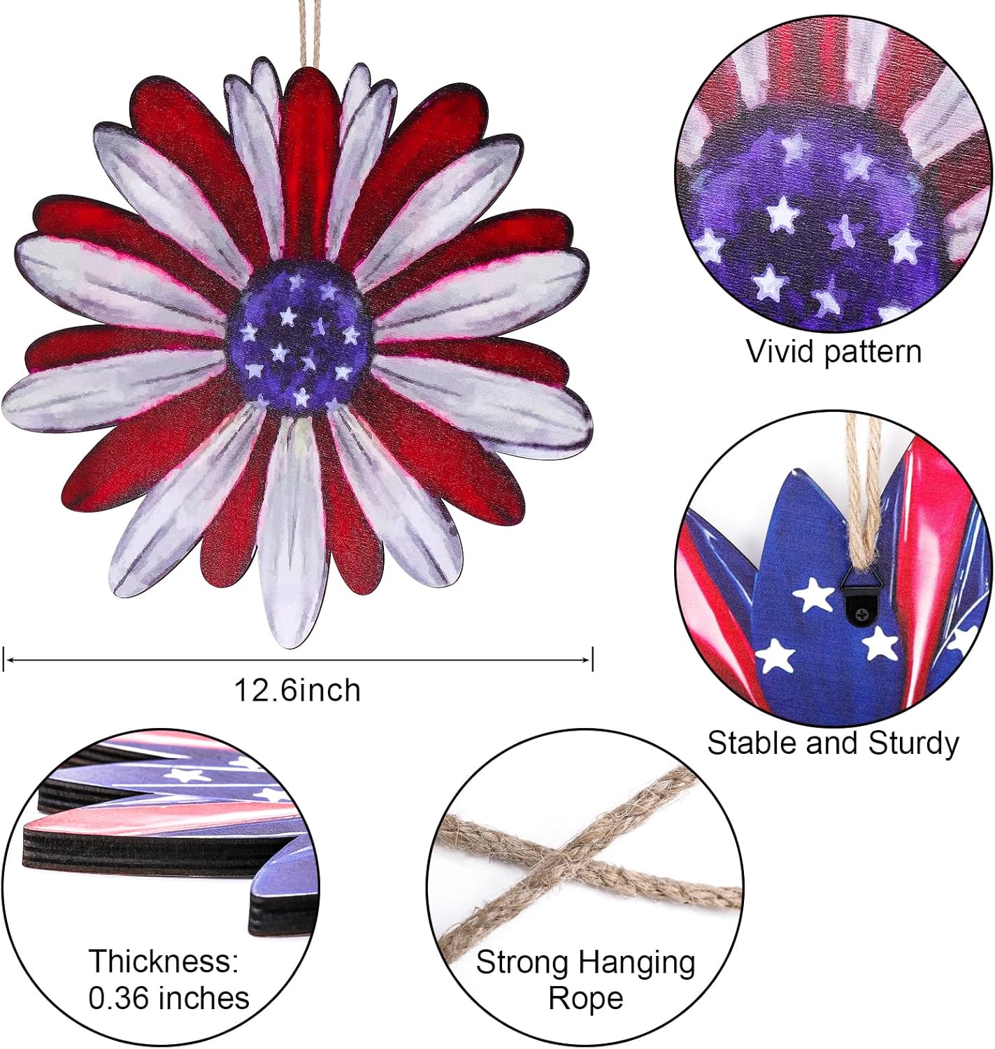Patriotic 4th of July Front Door Sign – Double-Sided Wooden Independence Day Wreath, Hanging Plaque for Porch, Wall, or Window, Memorial Day & July 4th Decoration