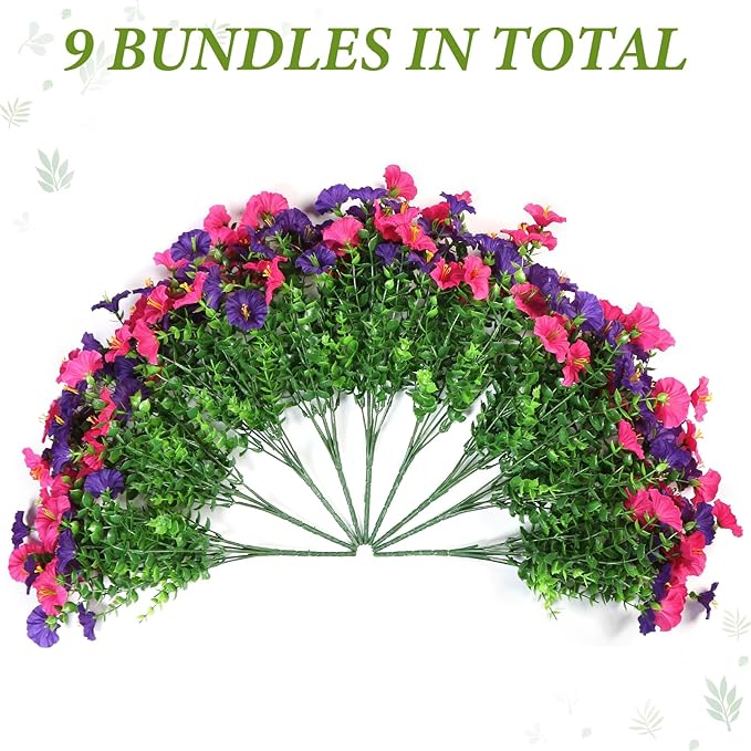 Artificial Purple Petunias Flowers for Outdoors Decoration 9 Bundles Faux Colorful Silk Morning Glory Eucalyptus Plants UV Resistant Fake Greenery Plants for Outside Garden Porch Decor