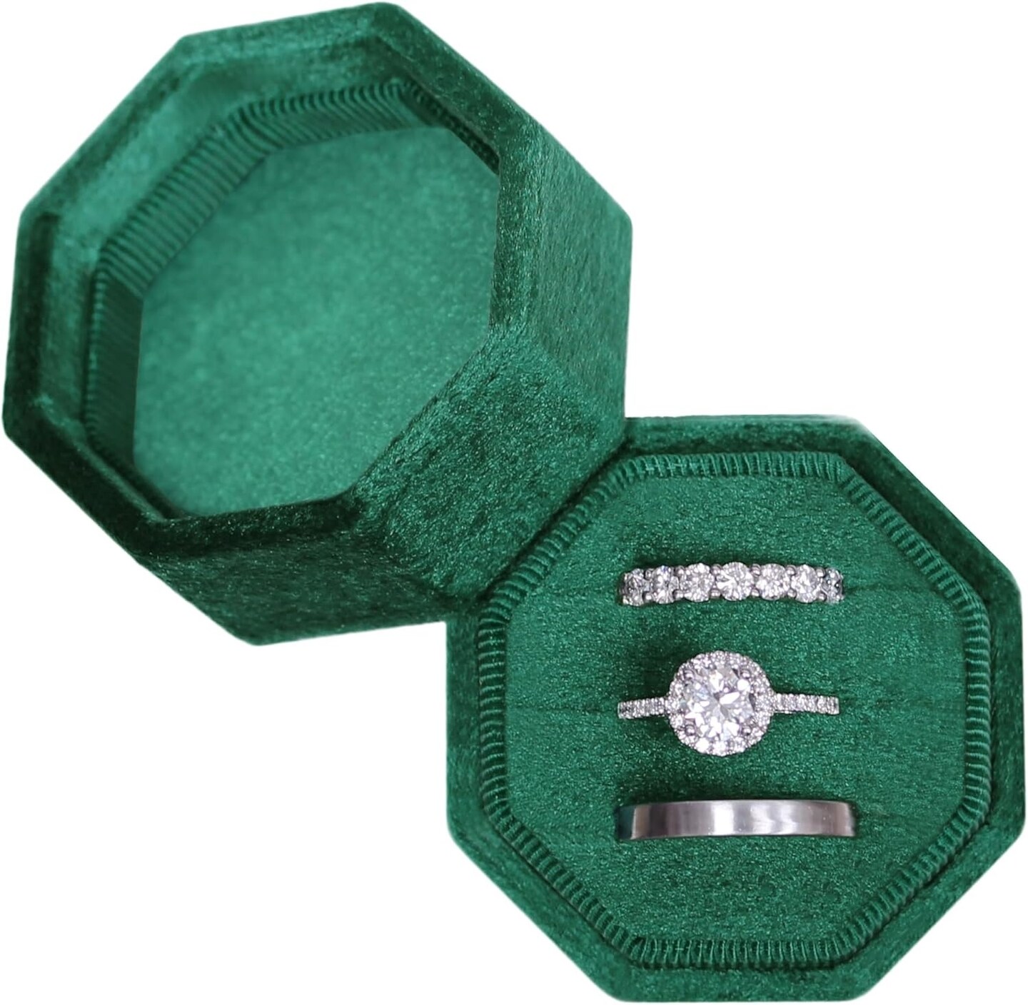 Velvet Ring Box with 3 Slots – Octagon Triple Ring Holder for Wedding, Engagement & Proposal Photos