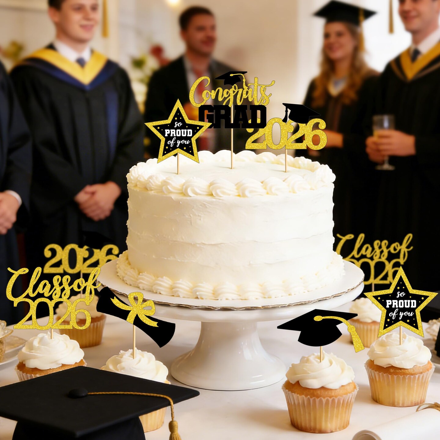 48 PCS Graduation Cupcake Toppers, 6 Styles Congrats Grad Cake Topper, Black and Gold Graduation Decorations 2026, Glittery Cap and Diploma Cake Picks for Grad Party Decor Supplies