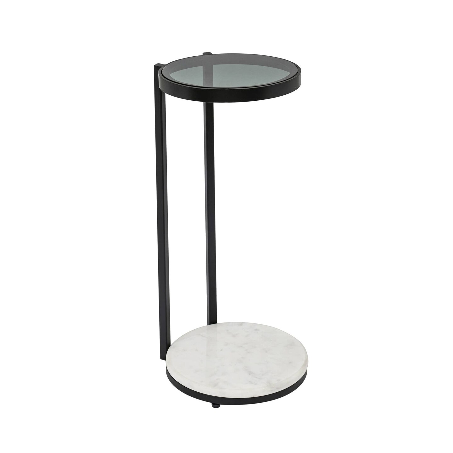 Black Drink Table with Glass Top & White Marble Base | Decorative Modern End Table | Metal Base Side Table | Accent Table for Living Room | 10x10x23.25"
