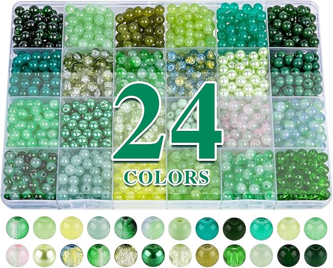 About 1200PCS 6mm Glass Beads Bracelet Making Kit,24 Assorted Green Nature Series Colorful Crystal Beads for Bracelet and Jewelry Making and DIY Crafts,Friendship Bracelets
