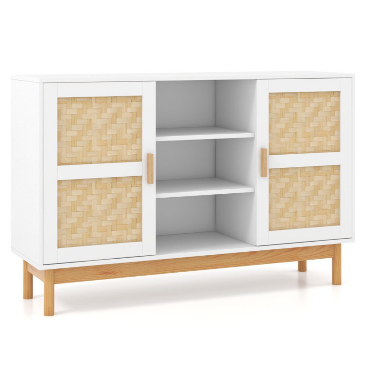Natural White Buffet Cabinet 48 Inch Storage with Wood Legs and Anti Tip Kit