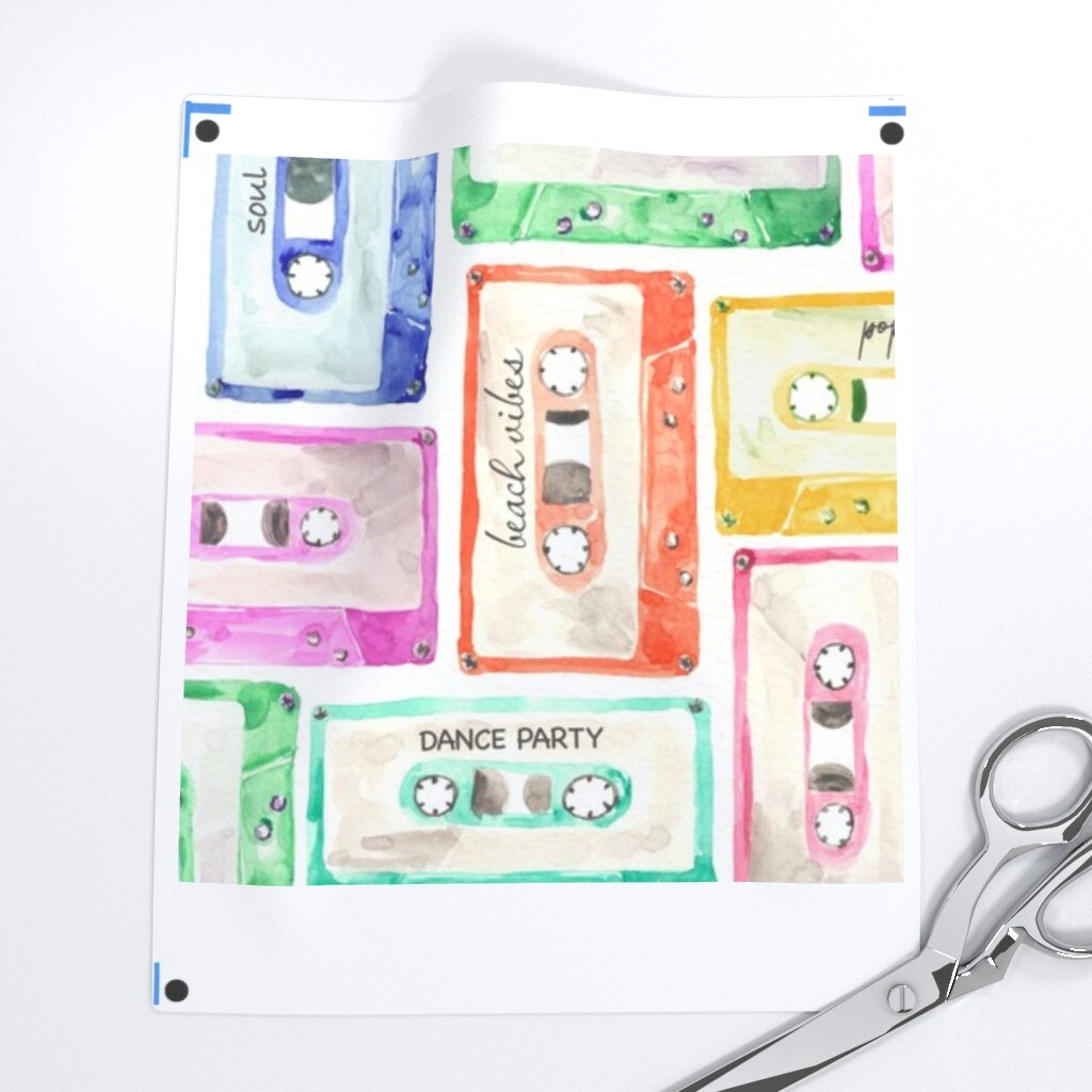 Watercolor Tape Cassette Retro Nostalgic Mixtape Rainbow Green Blue Yellow Audiotape Custom Printed Fabric by Spoonflower Various Fabrics by the Yard or Fat Quarter