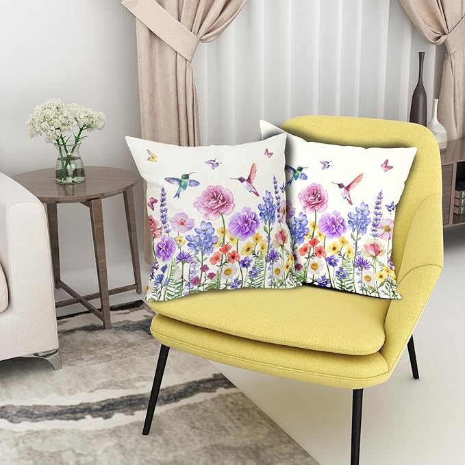 Hummingbird Flower Pillow Covers 18"x18" Spring Herb Floral Cotton Linen Throw Pillowcases Set of 2 Watercolor Wildflowers Butterfly Cuchion Covers Sofa Couch Patio Seasonal Decor