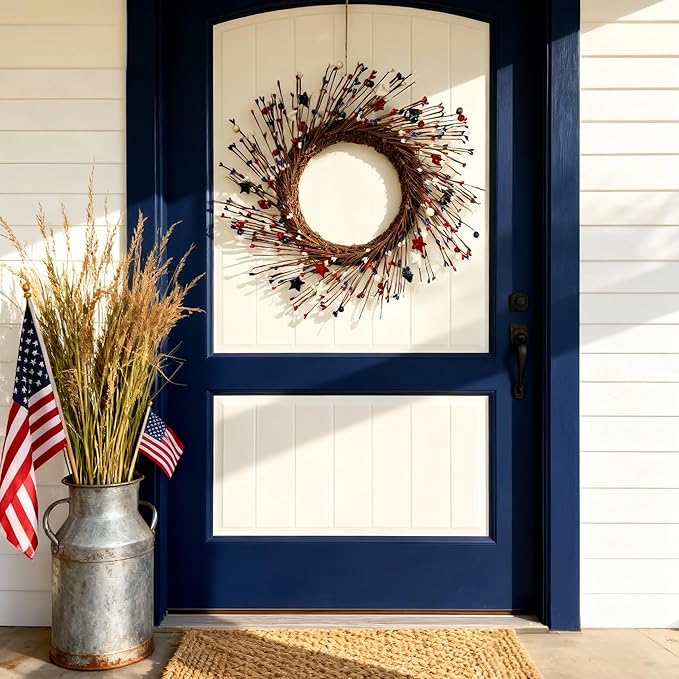 16 Inch 4th of July Patriotic Wreath, Red White Blue Stars & Sprouts Front Door Wreath for Independence Day, Memorial Day, Veterans Day, Flag Day & Summer Decorations