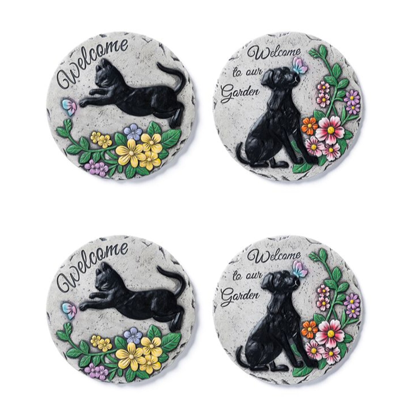 10"D Set of 4 Cement Cat and Dog Textured Stepping Stones