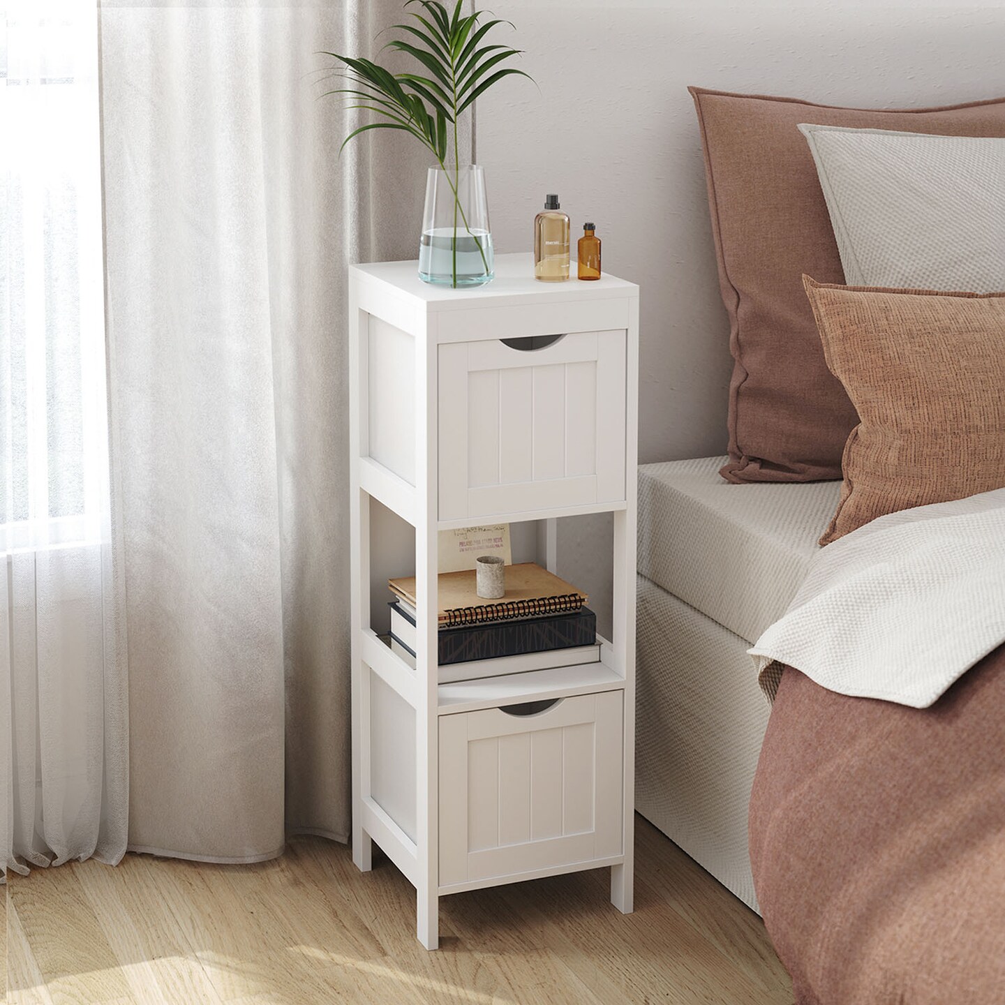 Slim Bathroom Storage Cabinet with 2 Drawers and Open Shelf, Compact Freestanding Floor Organizer for Small Space Use