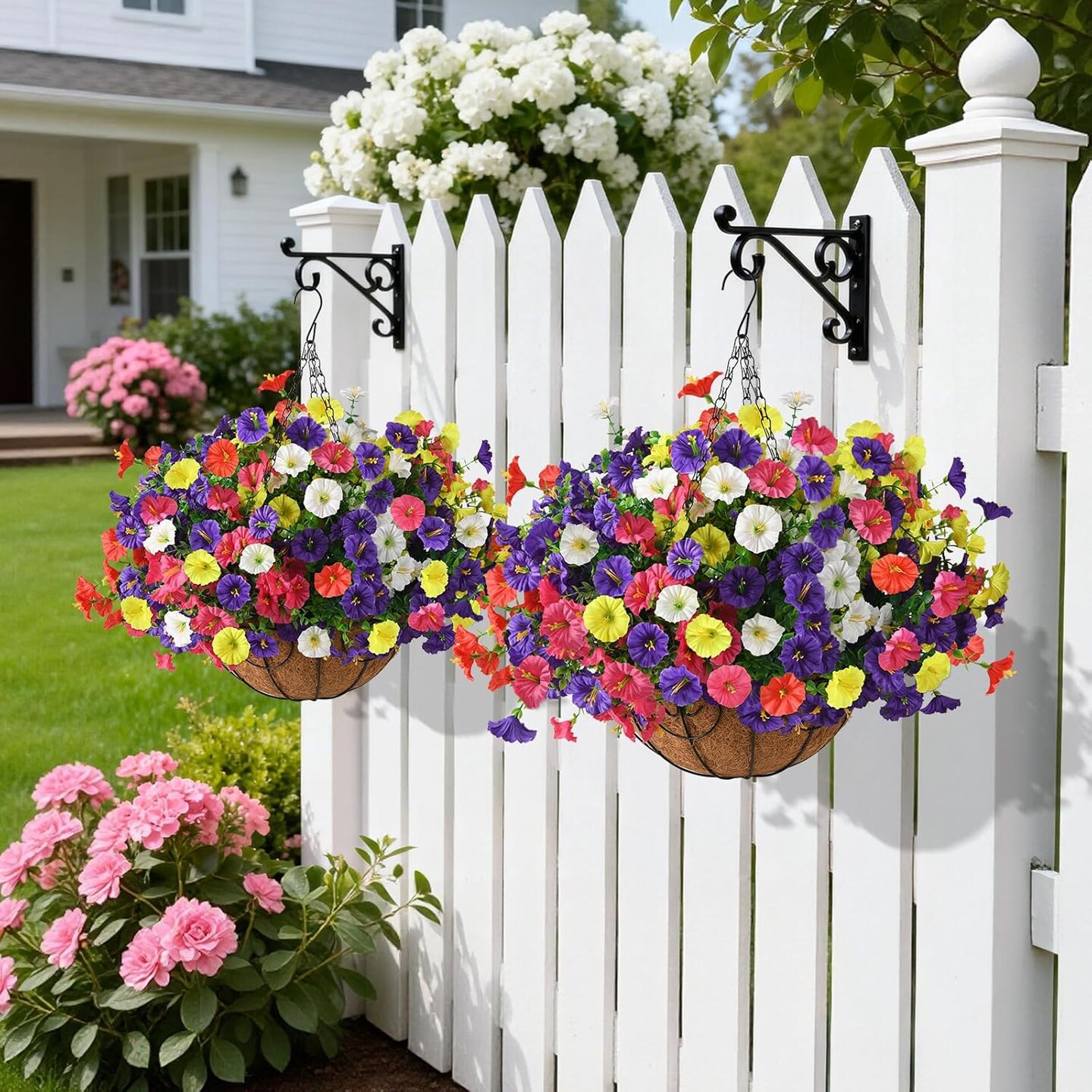 Artificial Hanging Flower Basket – Faux Petunias & Silk Morning Glory Plants for Outdoor Porch, Patio, Balcony, Garden, Spring & Summer Décor (Color Blending)